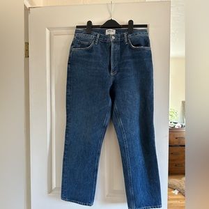 Agolde button fly straight leg dark wash jeans